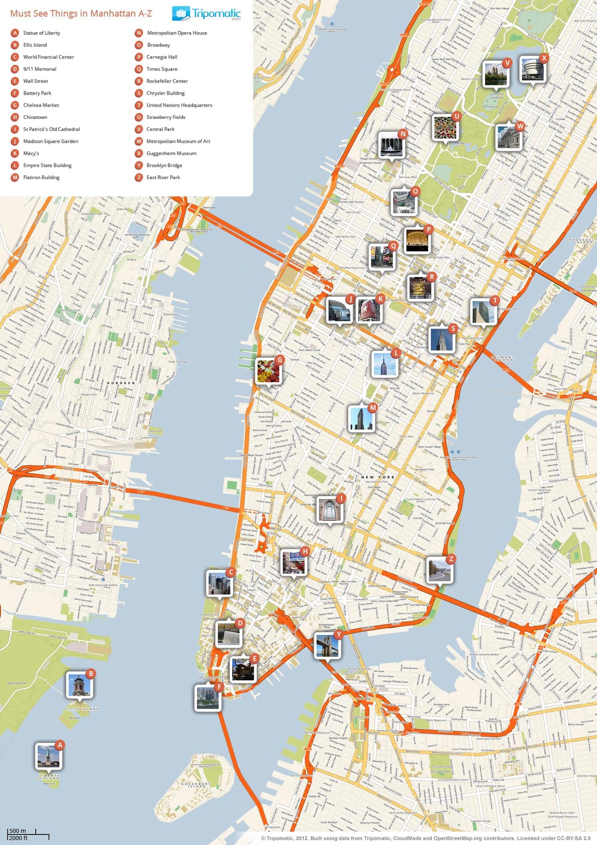 harta e Manhattan treguar atraksione turistike