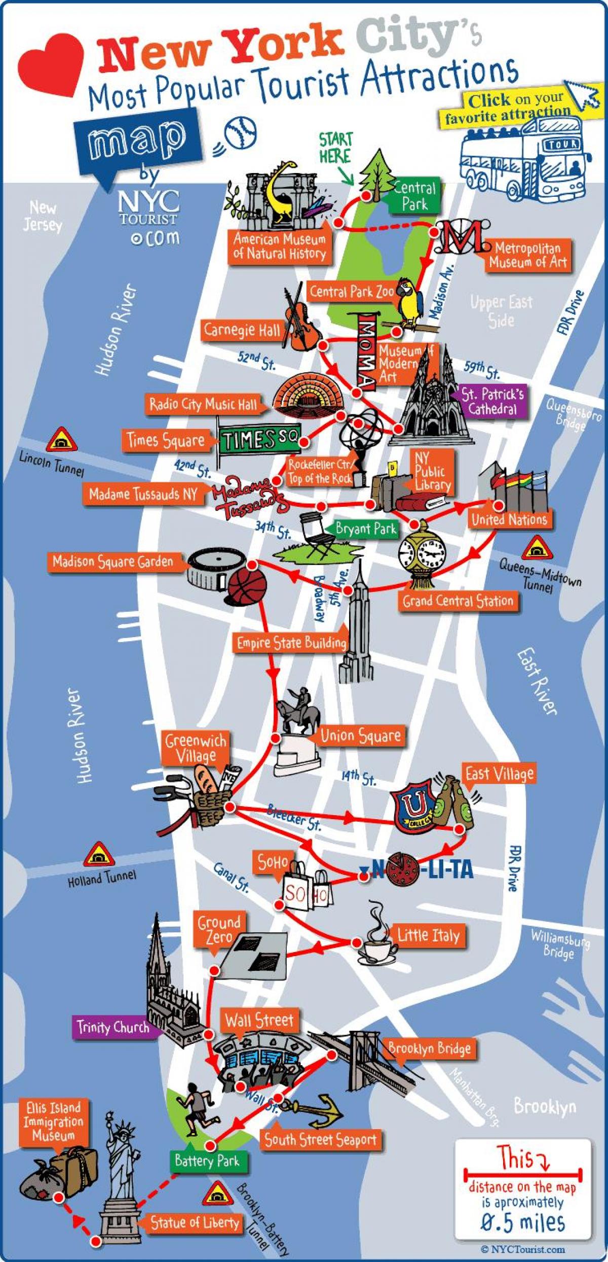 harta e Manhattan New York atraksionet